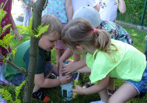 17 Dzieci ustawiają poidełko pod drzewem